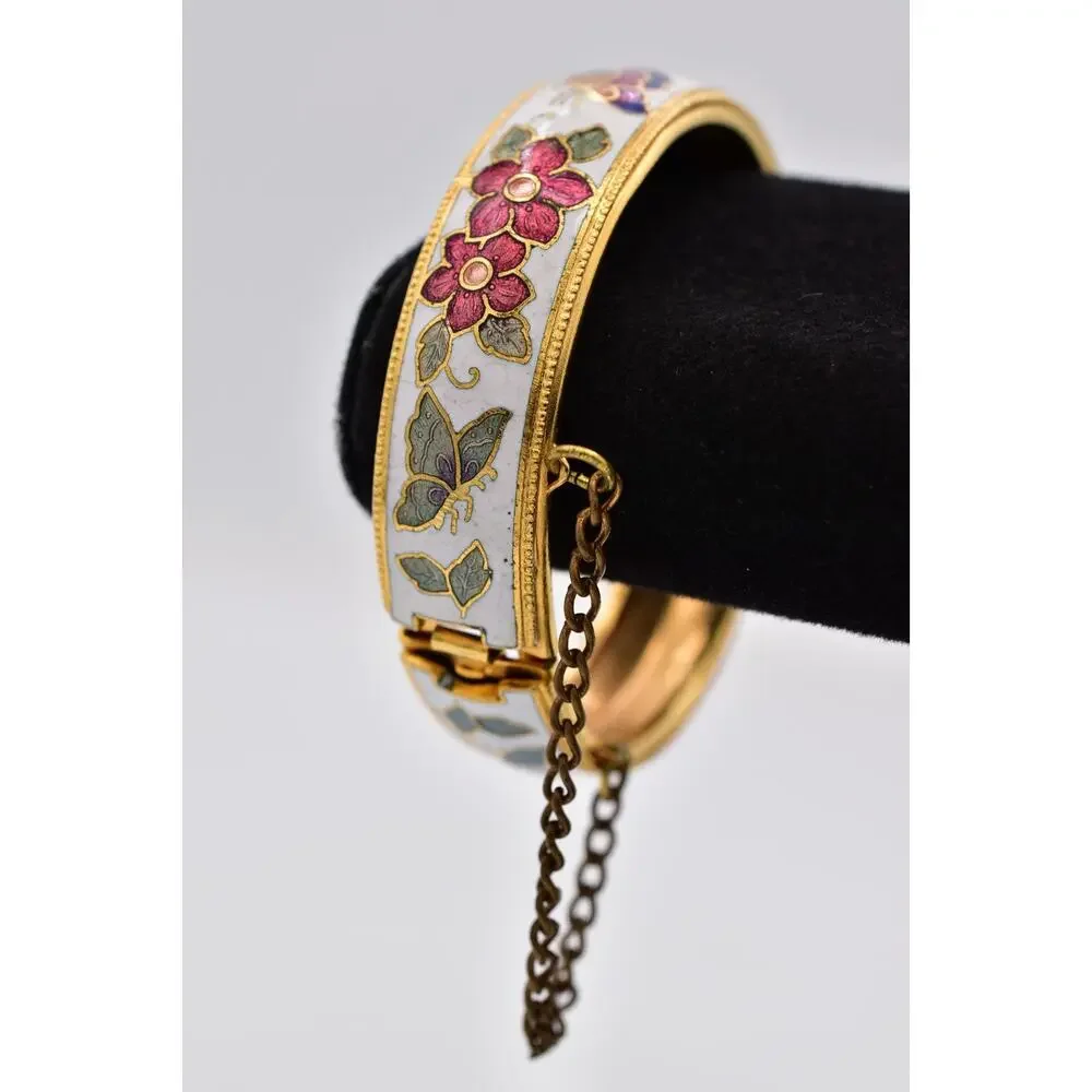 Vintage Cloisonne Enamel Floral Butterfly Gold Tone Hinged Bangle Bracelet BinBR